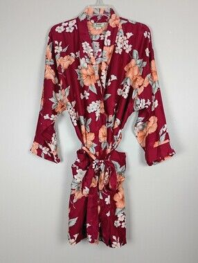 VTG Tommy Bahama Silk Kimono Robe Belt Pockets Tropical Wedding Lounge Medium